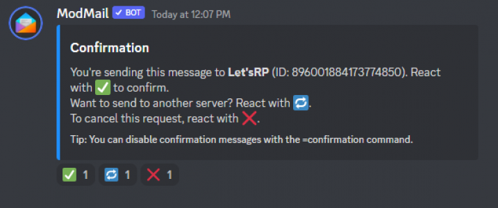 After typing in your first message to the Modmail, it'll ask you to confirm the destination - it should pick Let's RP by default, but if not, you can press 🔄 to switch to the Let's RP.
